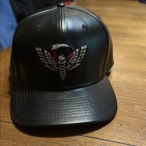 Black Leather Cap with Embroidered Skull Design Blackcraft Cult